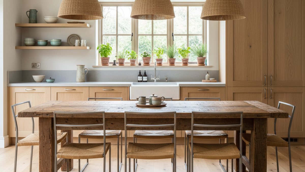 Bàn Ăn Gỗ Tái Chế Trong Không Gian Bếp Rustic Ấm Cúng