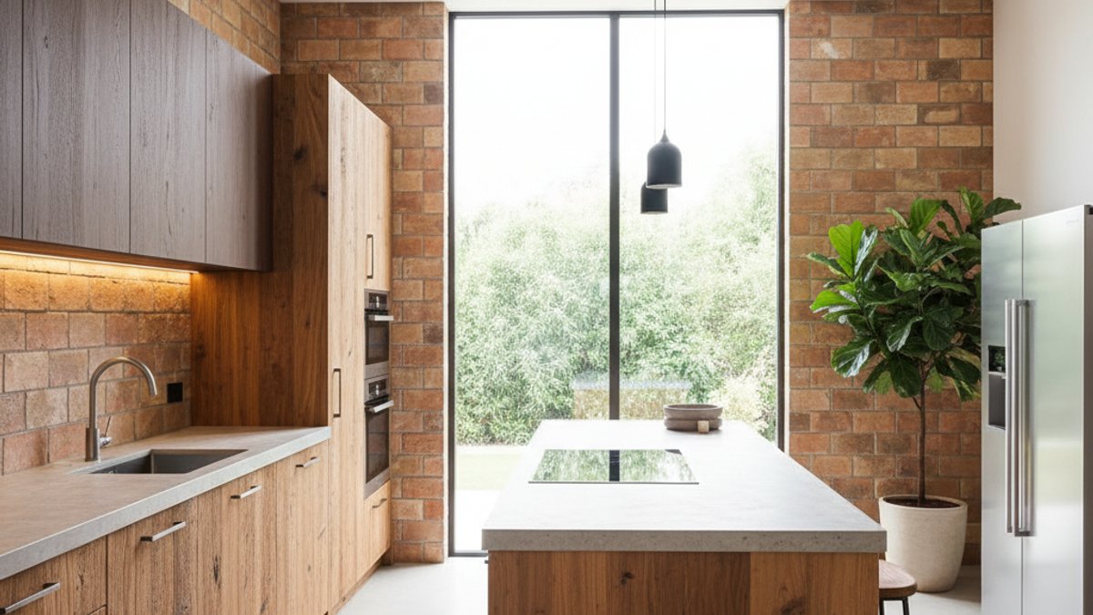 Tủ Bếp Gỗ Kết Hợp Tường Gạch Mộc