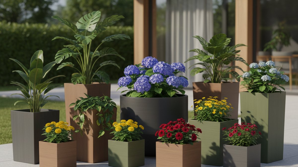 Bồn Cây Gỗ Nhựa Wpc Với Cây Xanh Và Hoa