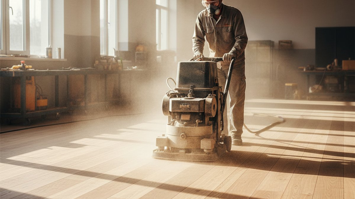 Vua Gỗ Bật Mí Bí Quyết 'Hồi Sinh' Sàn Gỗ Cũ: Đẹp Như Mới, Tiết Kiệm Tối Đa Nhân Viên Đang Chà Nhám Sàn Gỗ Chuyên Nghiệp