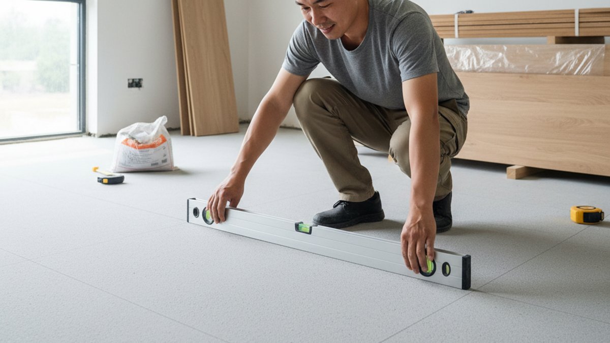 Giải Mã Tổng Chi Phí Lót Sàn Gỗ: Phân Tích Chi Tiết &Amp; Lập Ngân Sách Chuẩn Xác 2026 Thợ Kiểm Tra Độ Phẳng Bề Mặt Sàn Trước Lắp Đặt