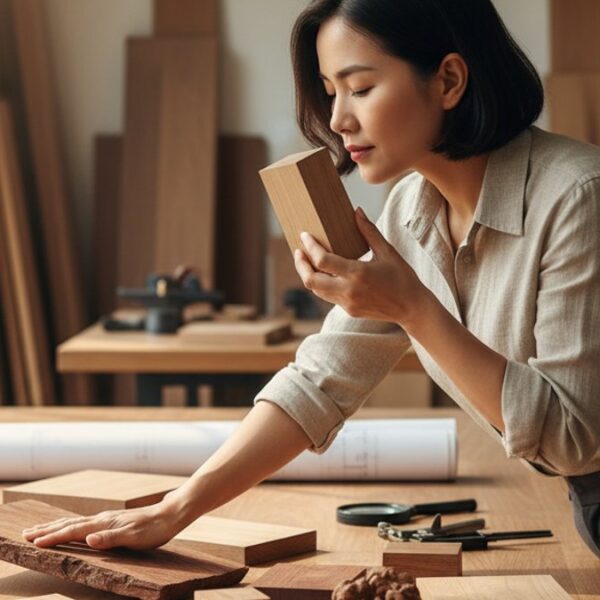 Người kiểm tra mẫu gỗ bằng tay và mũi