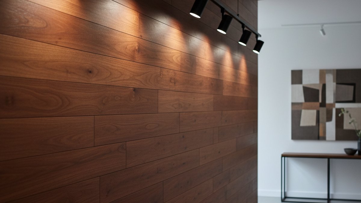 Nghệ Thuật Chiếu Sáng Nội Thất Gỗ: Tôn Lên Vẻ Đẹp Vân Gỗ Và Tạo Không Gian Sang Trọng Mảng Tường Gỗ Ốp Được Đèn Rọi Làm Nổi Bật