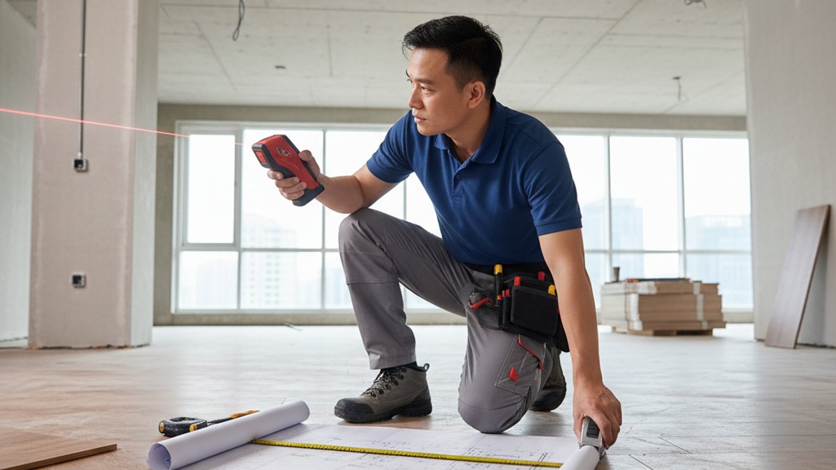 Kỹ Thuật Thi Công Sàn Gỗ Chuyên Biệt Cho Không Gian Kiến Trúc Phức Tạp: Từ Bo Cong Đến Cầu Thang Xoắn Ốc Thợ Đo Đạc Sàn Gỗ Laser