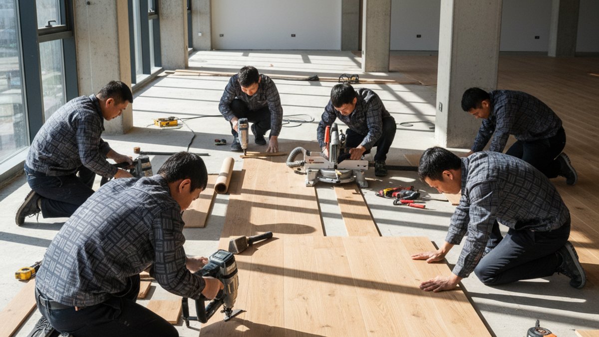 Tự Lắp Sàn Gỗ Hay Thuê Thợ Chuyên Nghiệp: Đâu Là Lựa Chọn Tối Ưu Cho Bạn? Thợ Thi Công Sàn Gỗ Chuyên Nghiệp Đang Làm Việc