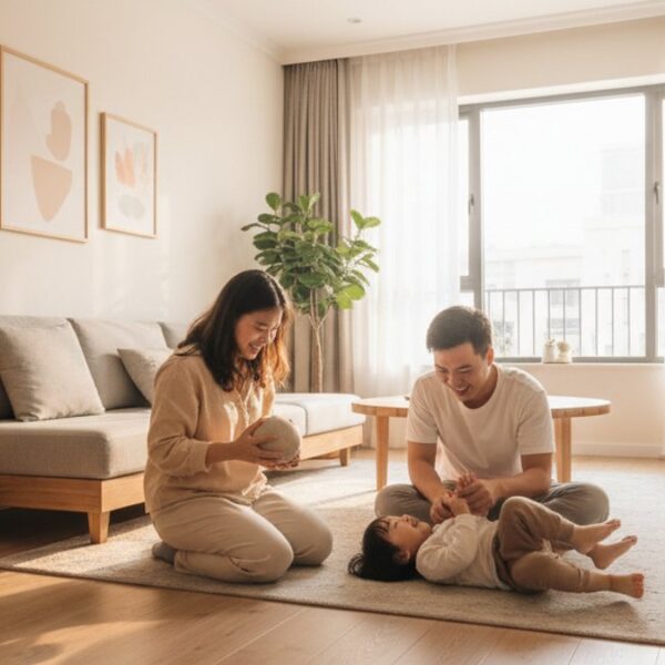 Gia đình Việt chơi đùa trên sàn gỗ an toàn, ấm cúng