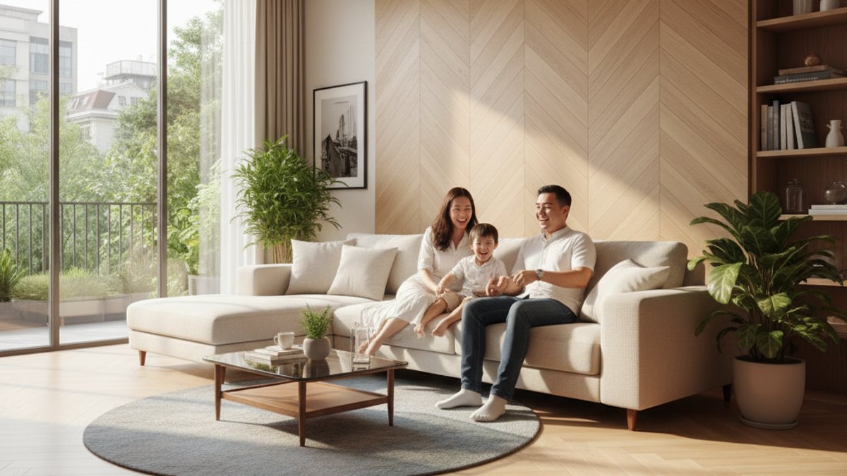 Gia Đình Hạnh Phúc Trong Nhà Có Sàn Gỗ Vua Gỗ