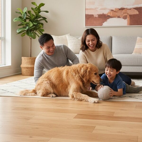 Gia đình Việt Nam cùng chó cưng trên sàn gỗ phòng khách