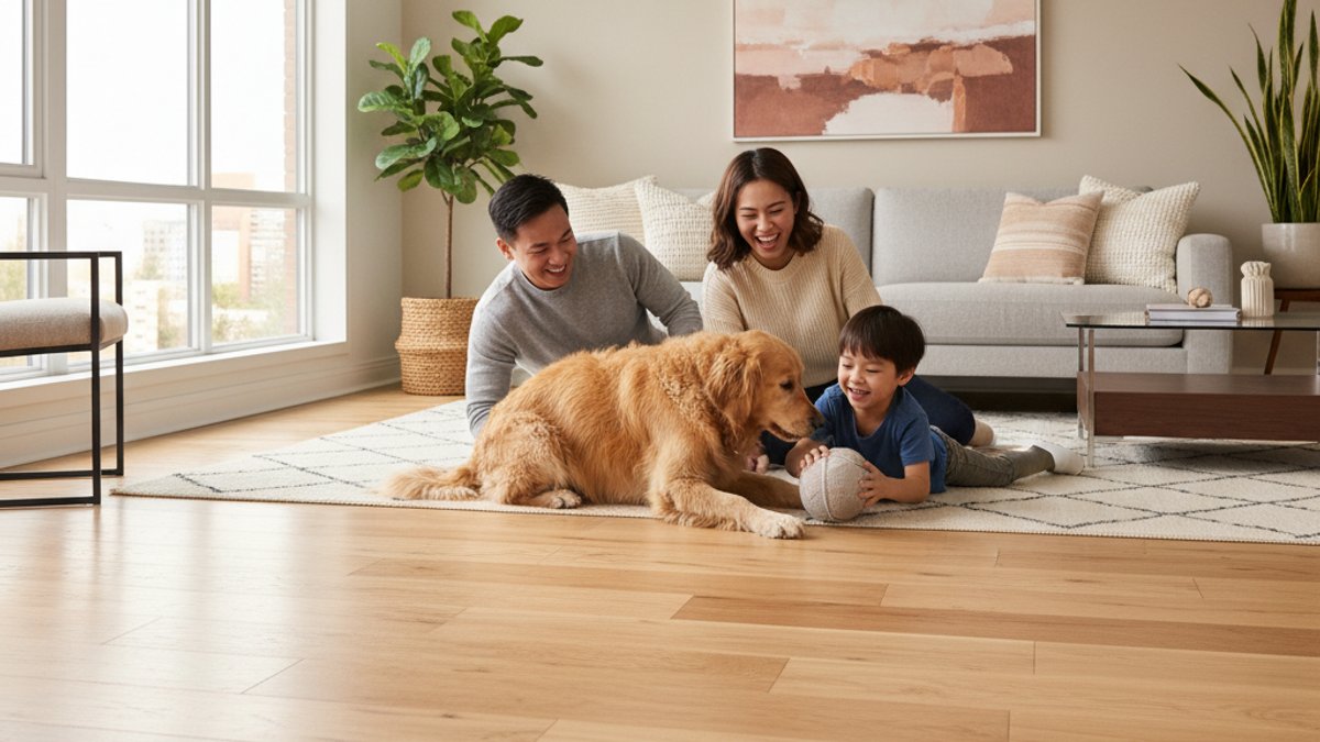 Gia Đình Việt Nam Cùng Chó Cưng Trên Sàn Gỗ Phòng Khách