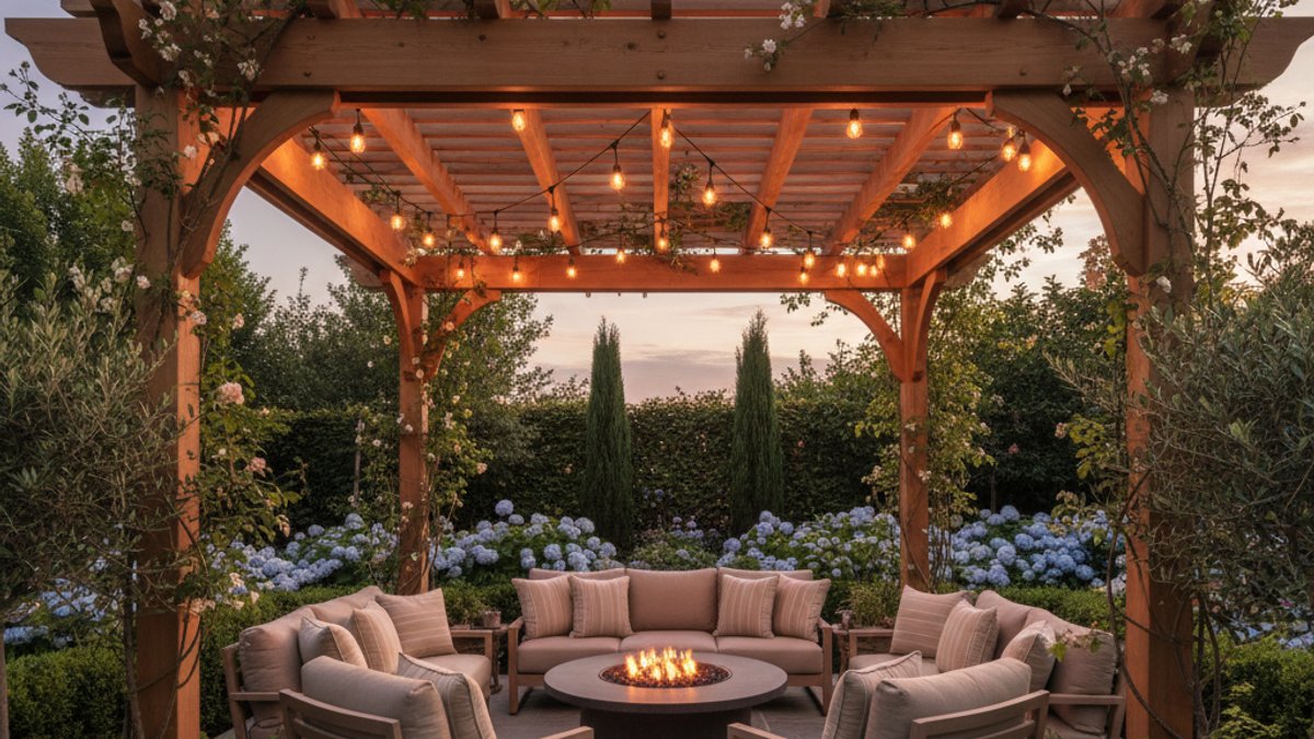 Giàn Pergola Gỗ Tự Nhiên Với Cây Leo Và Đèn Trang Trí