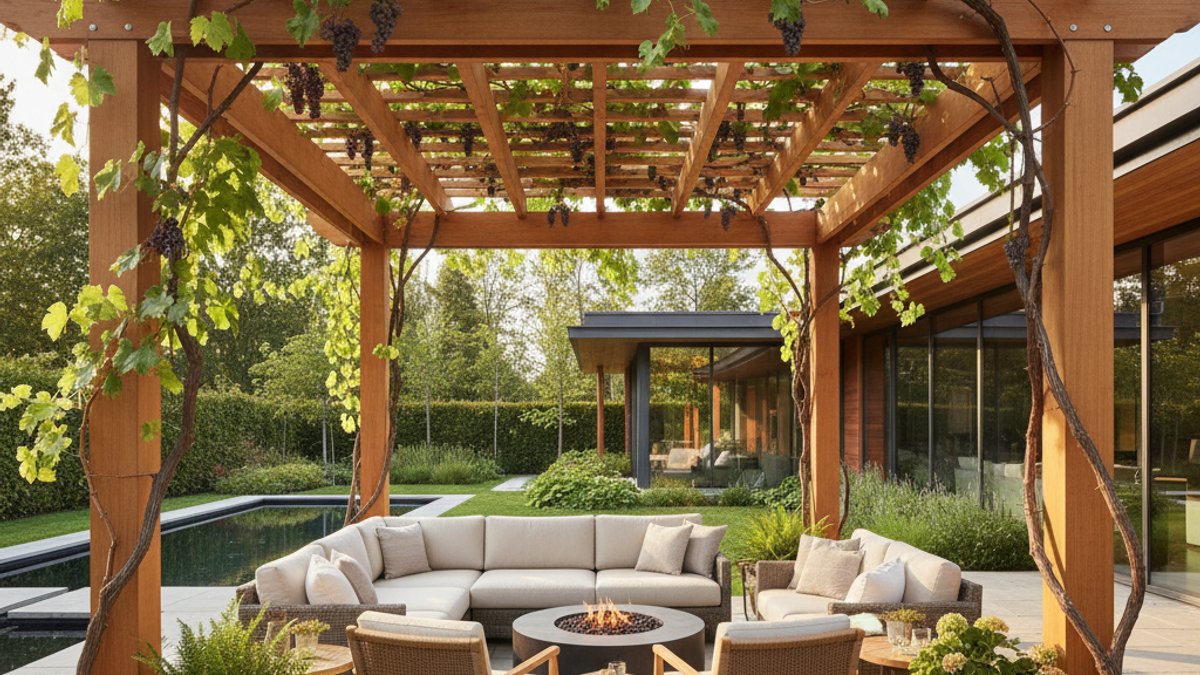 Giàn Pergola Gỗ Với Cây Leo Tạo Bóng Mát Và Kiến Trúc Ấn Tượng