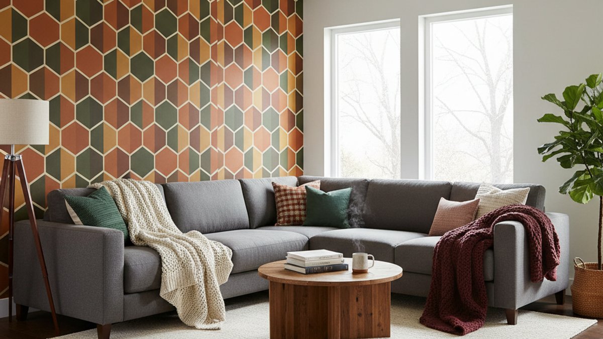 Phòng Khách Với Giấy Dán Tường Màu Trầm Mùa Đông
