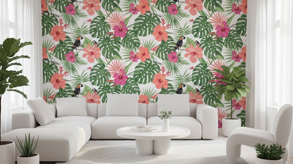 Phòng Khách Với Giấy Dán Tường Hoa Lá Mùa Xuân