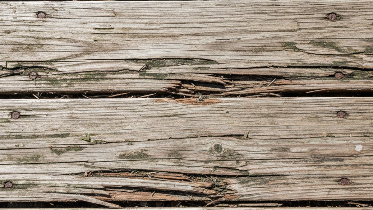 Bí Quyết Chăm Sóc Gỗ Ngoài Trời Chuyên Sâu: Bảo Vệ Sàn Decking, Pergola Bền Đẹp Cùng Vua Gỗ Hình Ảnh Cận Cảnh Gỗ Ngoài Trời Bị Nứt Nẻ, Bạc Màu, Hư Hại