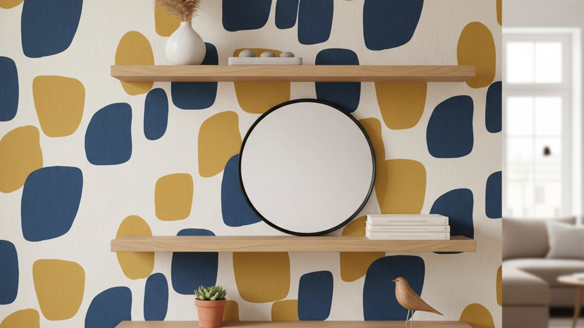 Giấy Dán Tường Họa Tiết Mạnh Với Phụ Kiện Gỗ Đơn Giản