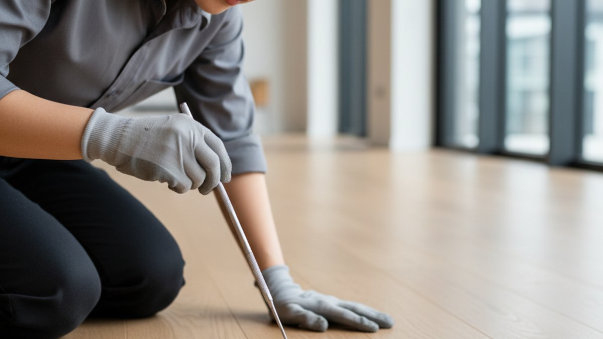 Thợ Chuyên Nghiệp Đang Kiểm Tra Vết Trầy Xước Trên Sàn Gỗ