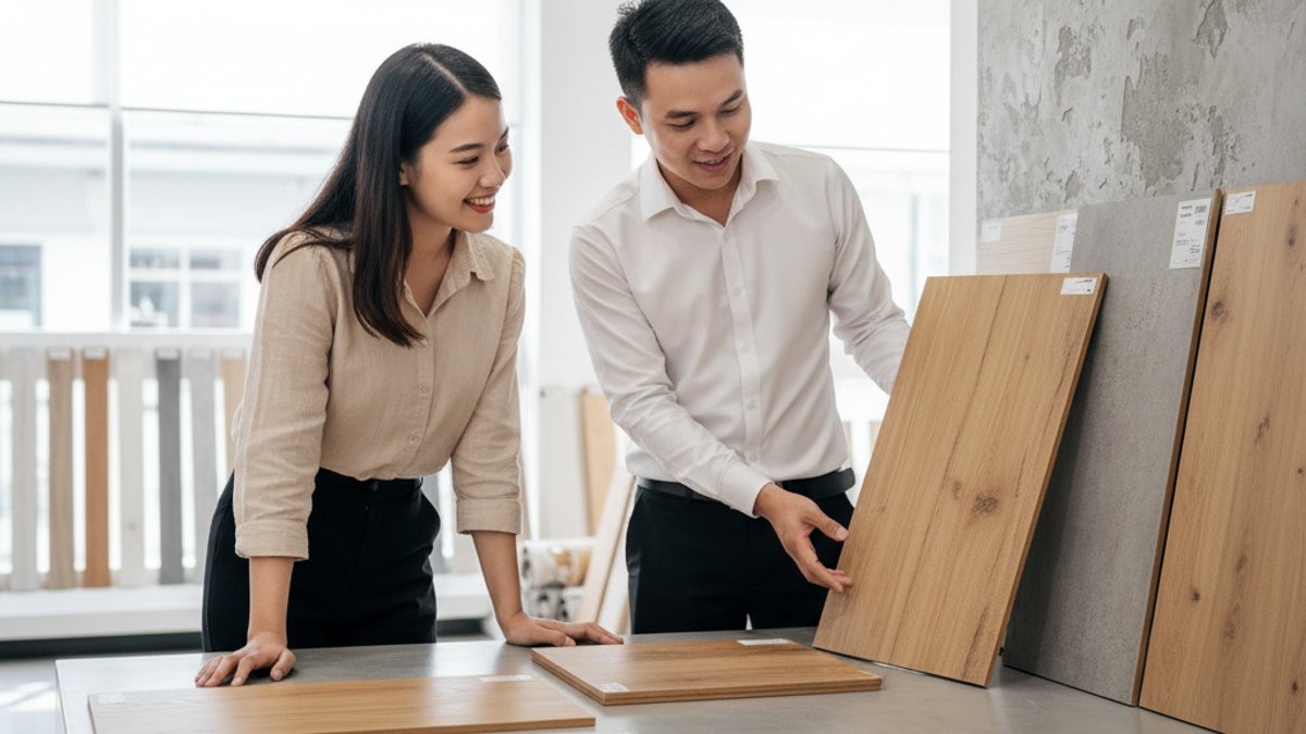 Khách Hàng Người Việt Đang Tư Vấn Chọn Sàn Gỗ Với Nhân Viên Vua Gỗ