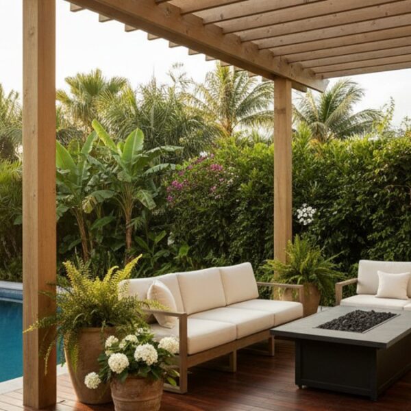 Sàn gỗ decking và pergola ngoài trời được bảo dưỡng hoàn hảo