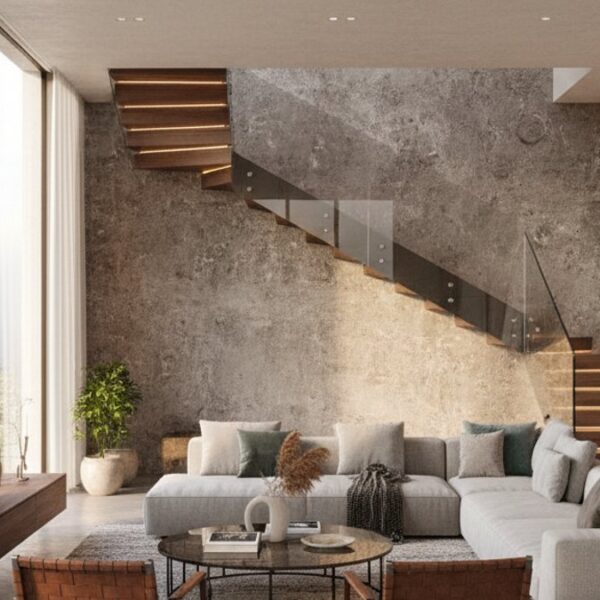 Phòng khách hiện đại với gỗ, kim loại, kính, đá hài hòa