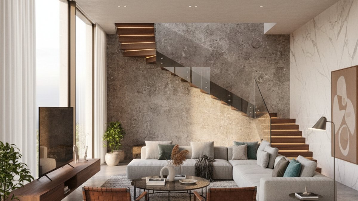 Phòng Khách Hiện Đại Với Gỗ, Kim Loại, Kính, Đá Hài Hòa