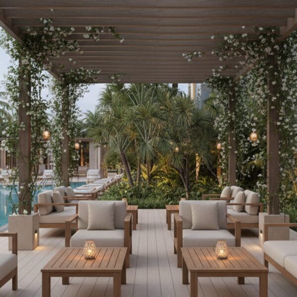 Không Gian Ngoại Thất Resort Sang Trọng Với Sàn Gỗ, Bàn Ghế Gỗ, Pergola
