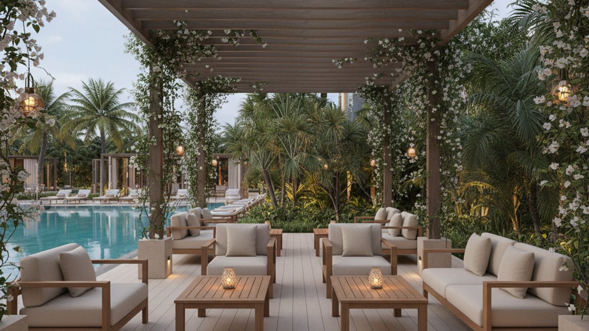 Không Gian Ngoại Thất Resort Sang Trọng Với Sàn Gỗ, Bàn Ghế Gỗ, Pergola