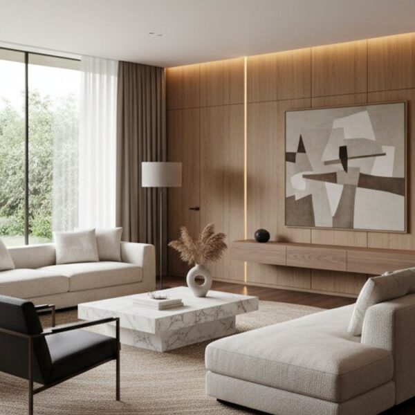 Phòng khách hiện đại với sàn gỗ và tường ốp gỗ