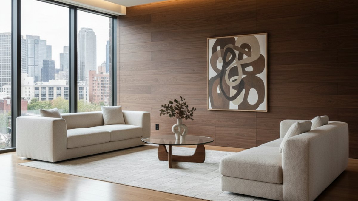 Phòng Khách Hiện Đại Với Sàn Gỗ Và Ốp Tường Gỗ