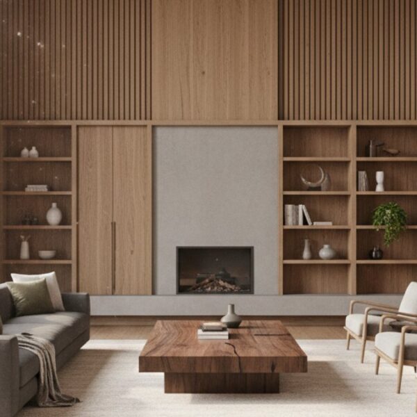 Phòng khách hiện đại kết hợp sàn gỗ, ốp tường gỗ và nội thất gỗ