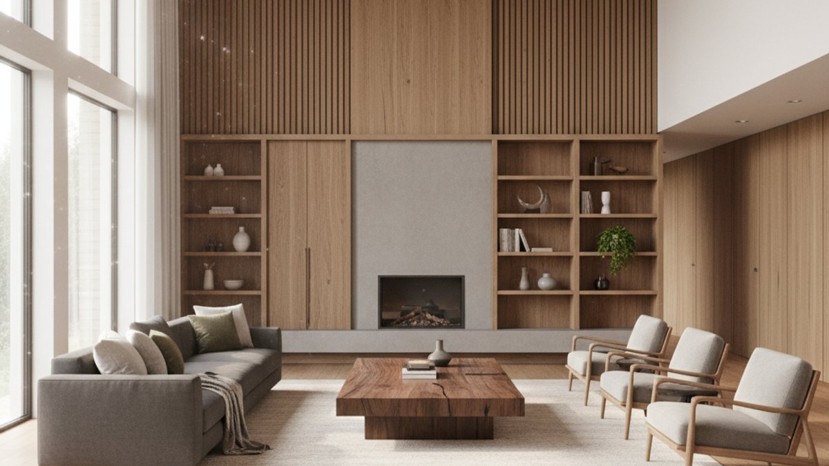 Phòng Khách Hiện Đại Kết Hợp Sàn Gỗ, Ốp Tường Gỗ Và Nội Thất Gỗ