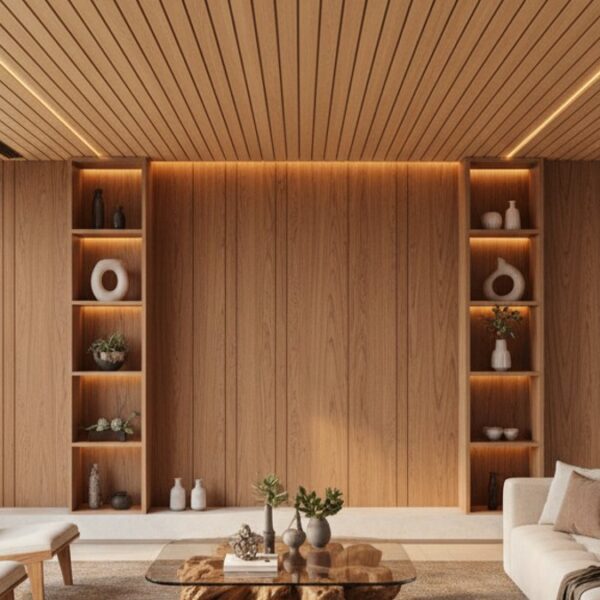 Không gian sống hiện đại sử dụng gỗ ốp trần, kệ gỗ và bàn gỗ