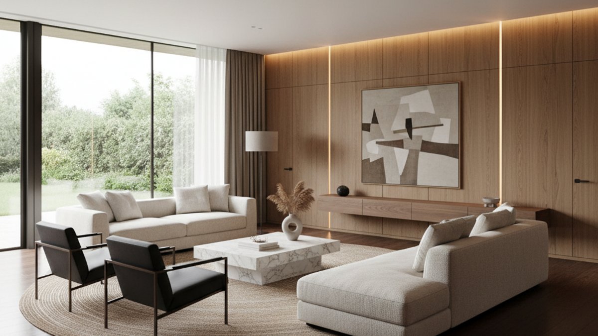 Phòng Khách Hiện Đại Với Sàn Gỗ Và Tường Ốp Gỗ