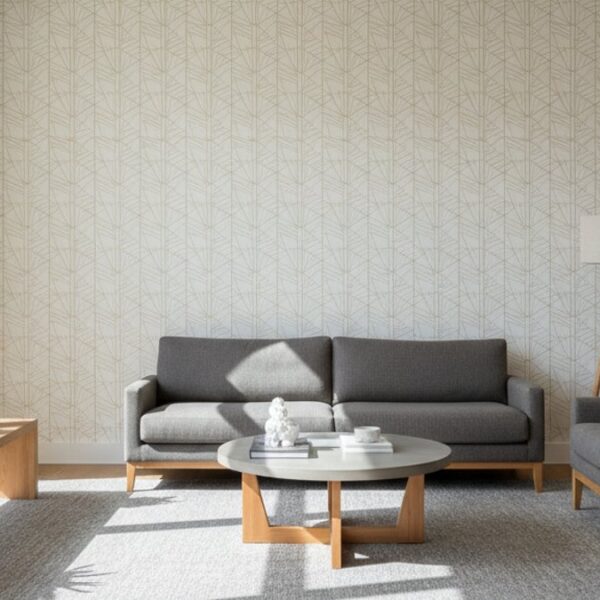 Phòng khách hiện đại, giấy dán tường, sàn gỗ, nội thất gỗ