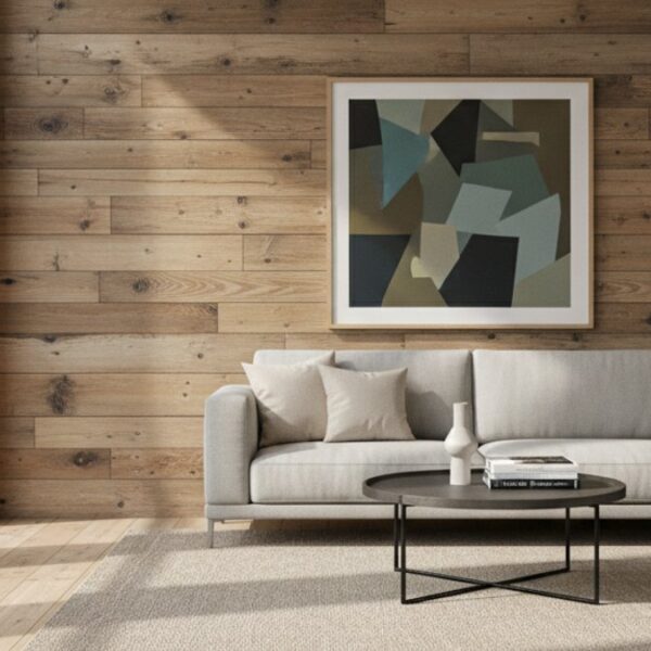 Phòng Khách Hiện Đại Với Tường Ốp Gỗ Tái Chế Và Sàn Giả Gỗ Cũ