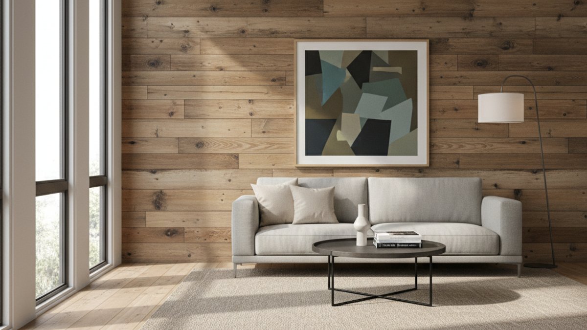 Phòng Khách Hiện Đại Với Tường Ốp Gỗ Tái Chế Và Sàn Giả Gỗ Cũ