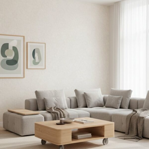 Phòng khách hiện đại trang trí linh hoạt với phụ kiện gỗ và giấy dán tường