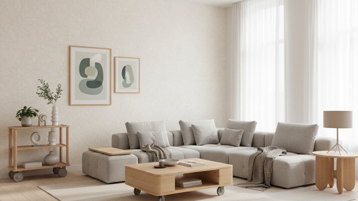 Phòng Khách Hiện Đại Trang Trí Linh Hoạt Với Phụ Kiện Gỗ Và Giấy Dán Tường