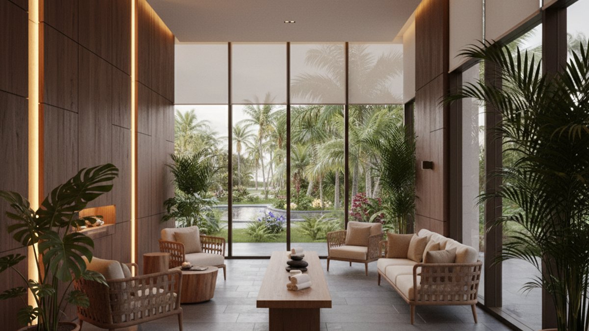 Spa Resort Sang Trọng Với Gỗ Ốp Tường Và Cây Xanh