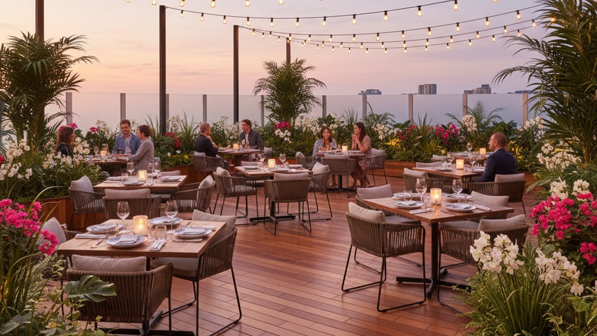 Khu Vực Ăn Uống Ngoài Trời Với Sàn Gỗ Và Cây Xanh Cho Nhà Hàng