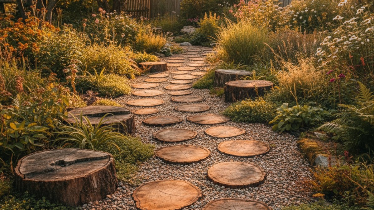 Lối Đi Gỗ Tự Nhiên Dạng Lát Cắt Trong Sân Vườn