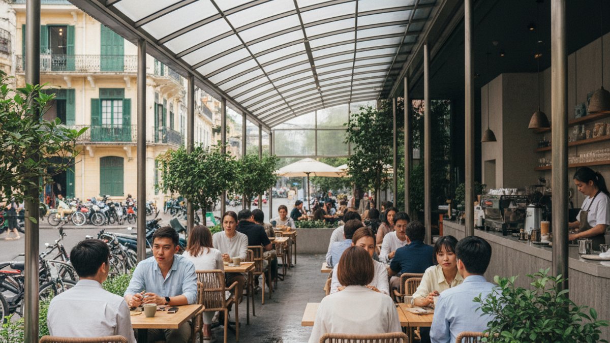 Tối Ưu Ánh Sáng Tự Nhiên &Amp; Không Gian Với Tấm Polycarbonate: Giải Pháp Thiết Kế Hiện Đại Cho Mọi Công Trình Mái Che Polycarbonate Cho Khu Vực Ăn Uống Ngoài Trời Của Quán Cà Phê
