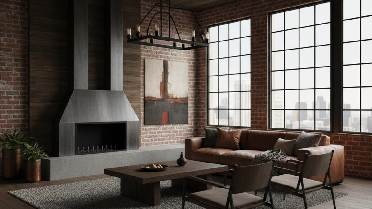 Không Gian Industrial Với Tường Gạch, Kim Loại Và Gỗ Tối Màu