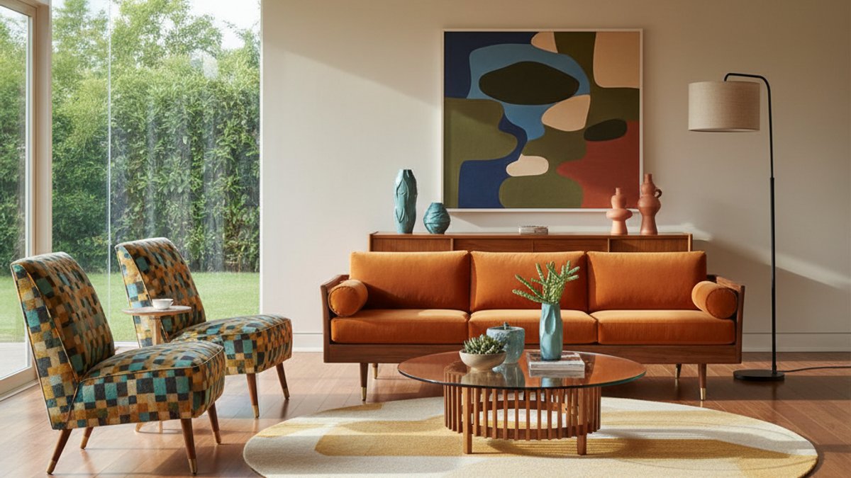 Phòng Khách Mid-Century Modern Với Sàn Gỗ Và Nội Thất Gỗ Màu Ấm