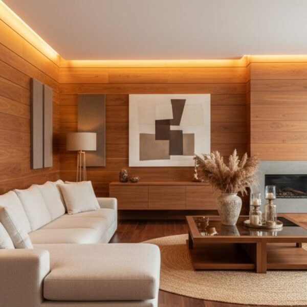 Phòng khách nội thất gỗ đẹp lung linh với ánh sáng nhân tạo