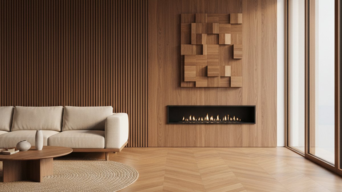 Nội Thất Phòng Khách Với Sàn Và Ốp Tường Gỗ Tự Nhiên