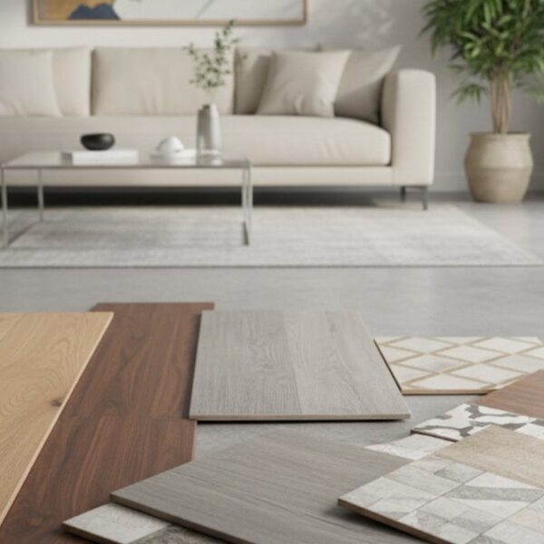 Phòng khách hiện đại trưng bày các mẫu sàn gỗ tự nhiên, công nghiệp và giả gỗ