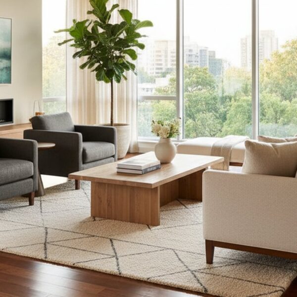 Thiết kế phòng khách hiện đại với sàn gỗ và nội thất gỗ phong thủy