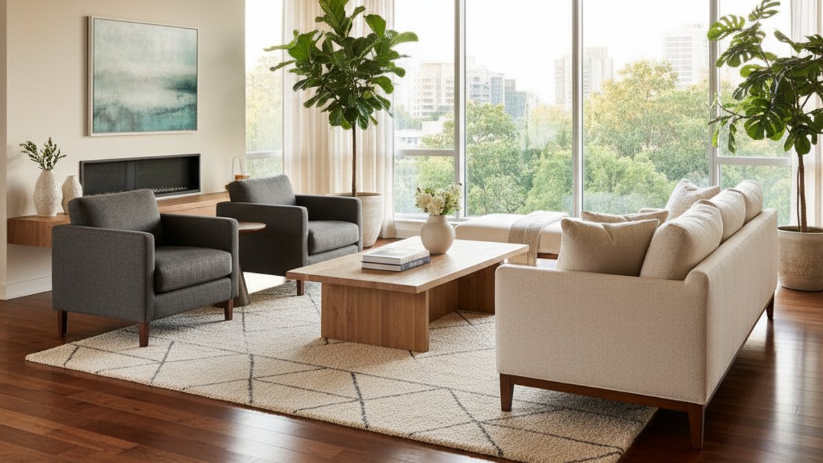 Thiết Kế Phòng Khách Hiện Đại Với Sàn Gỗ Và Nội Thất Gỗ Phong Thủy