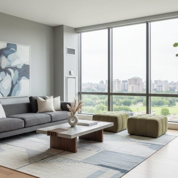 Phòng khách hiện đại sàn gỗ sáng màu, nội thất tối giản