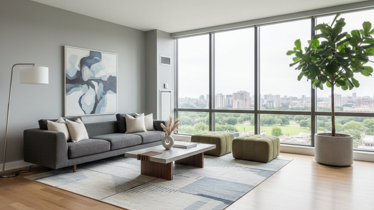 Phòng Khách Hiện Đại Sàn Gỗ Sáng Màu, Nội Thất Tối Giản